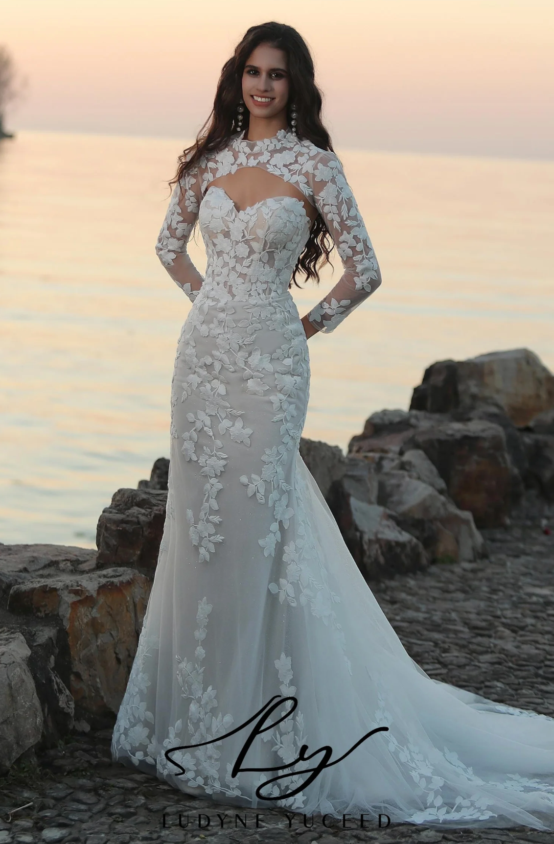 Wedding Dress Mermaid Lace Tulle Bridal Gown and Waistcoat, This mermaid gown is a tribute to romantic elegance, featuring sheer overlays and delicate floral lace