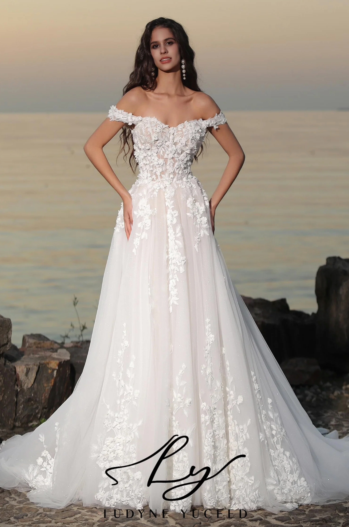 Wedding Dress Fairy Like Off The Shoulder 3D Floral Bridal Gown, This off-the-shoulder A-line wedding gown is a masterpiece of delicate lace artistry. 