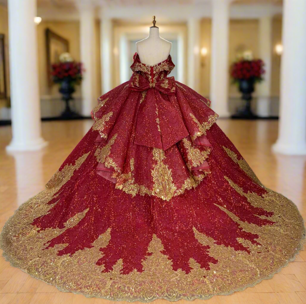  Quinceanera Dress Red Gold Ball Gown