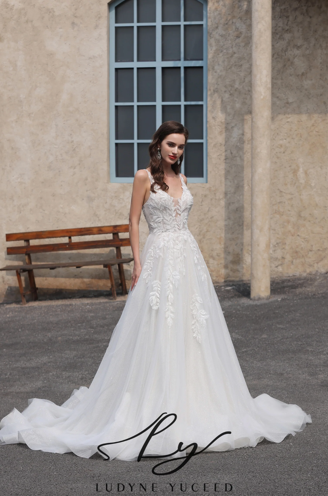 Wedding Dress V - Neck Tulle Lace A Line Bridal Gown, this enchanting wedding dress features a deep V - neckline and delicate sleeveless. Th
