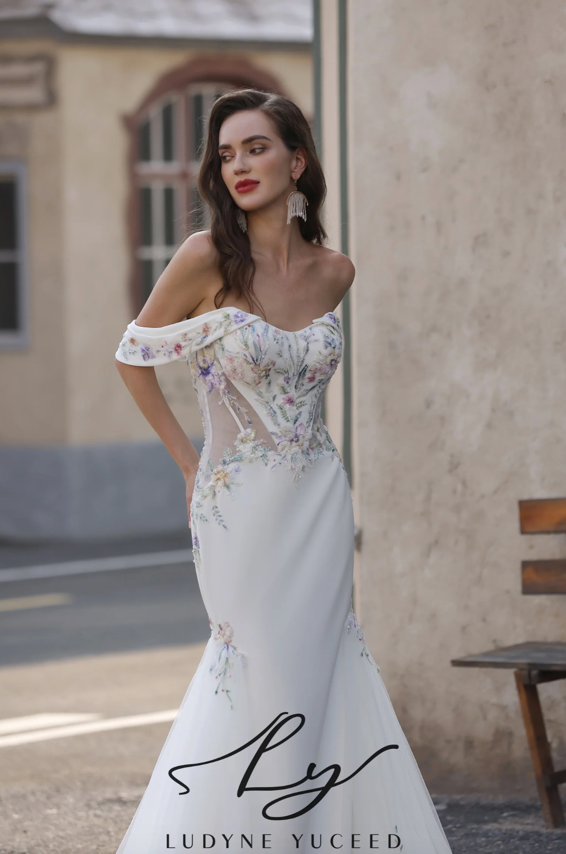 Wedding Dress Floral Off The-Shoulder Mermaid Bridal Gown, and a bodice adorned with intricate, colorful floral beaded embroidery and sheer panels