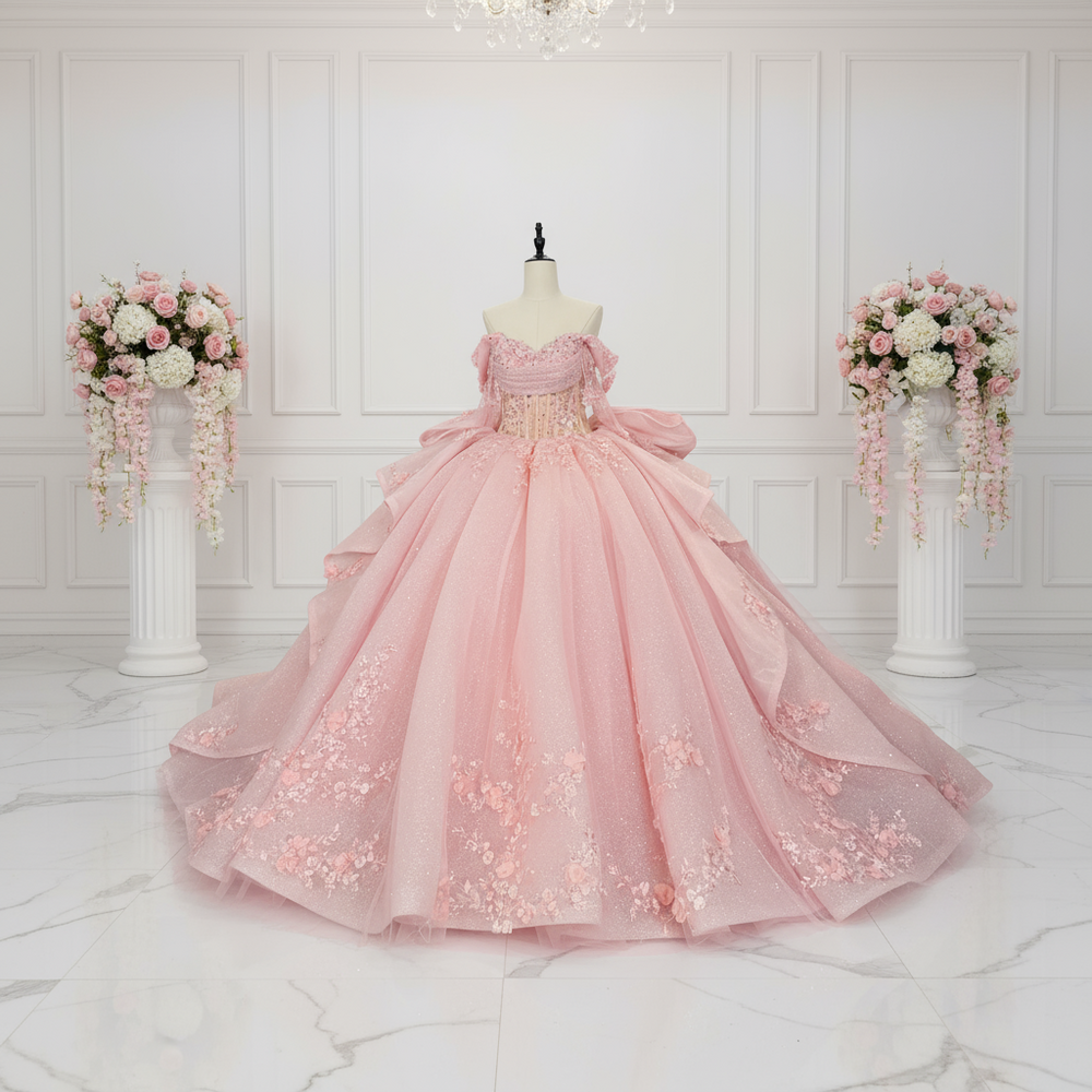 Quinceanera Dress Pink Glitter Party Ball Gown – Tulle Lux Bridal Company