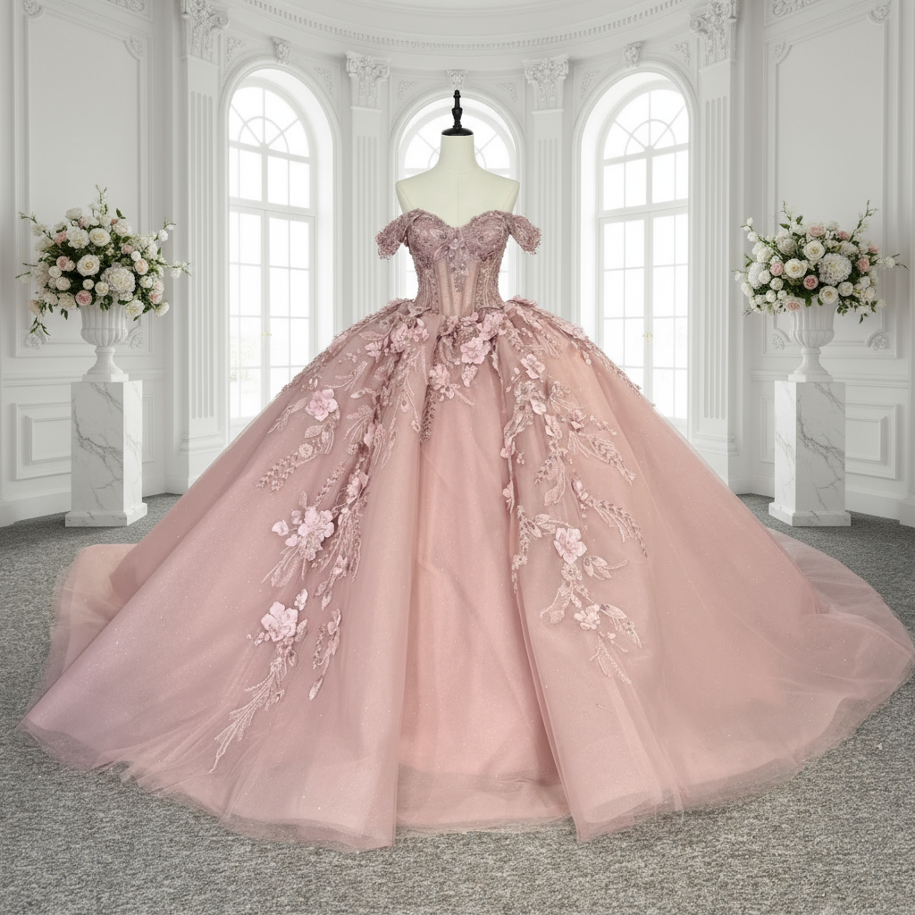 Quinceanera Dress Dusty Pink Party Ball Gown, This Dusty Pink Quinceanera Dress exudes elegance with its off-the-shoulder cuff sleeves and corset-style