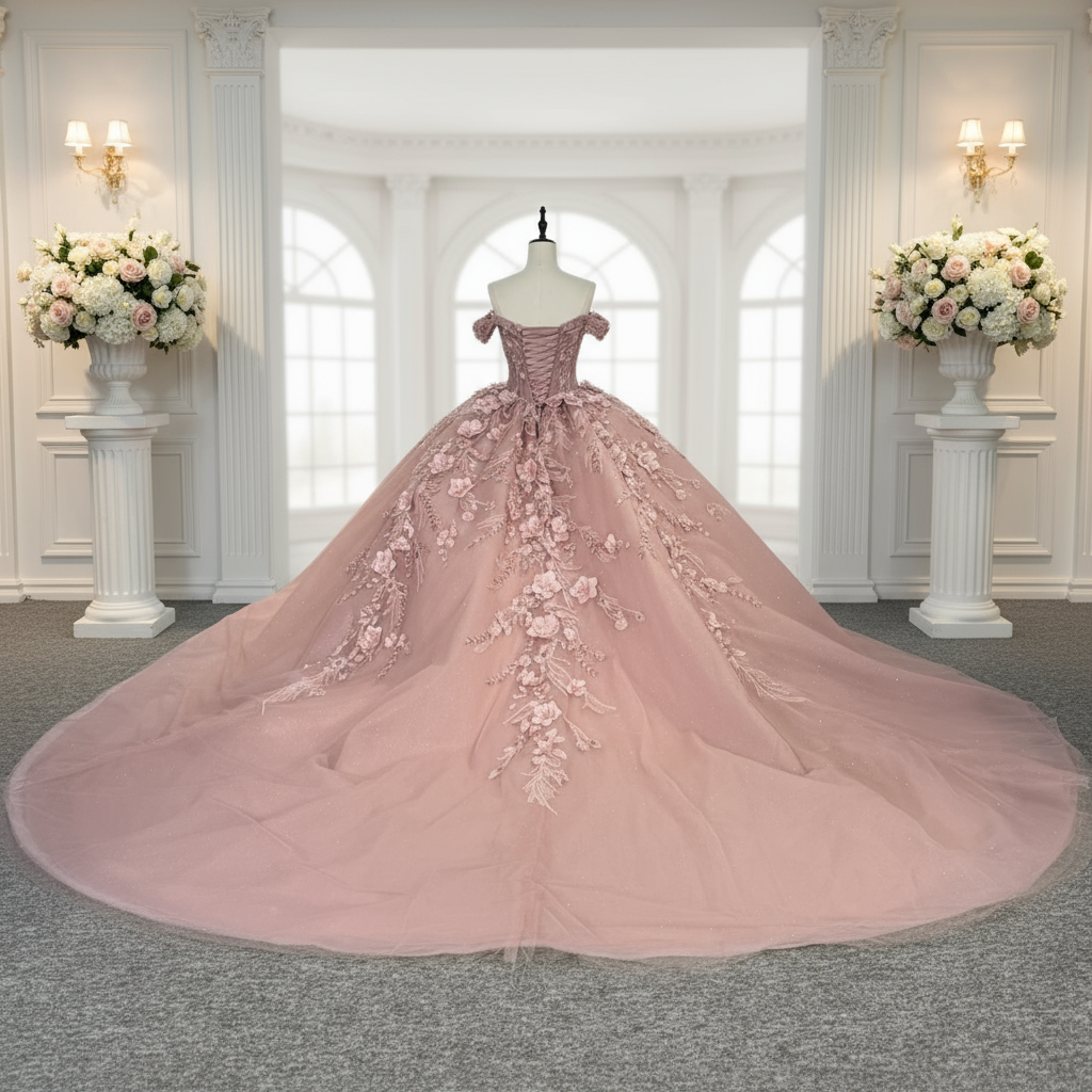 Quinceanera Dress Dusty Pink Party Ball Gown, This Dusty Pink Quinceanera Dress exudes elegance with its off-the-shoulder cuff sleeves and corset-style