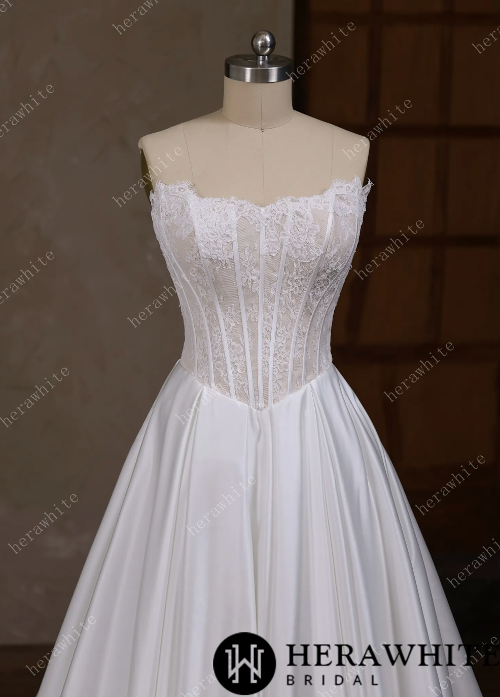 Satin Wedding Dress Irregular Neckline Basque Waistline Bridal Gown, this strapless wedding dress captivates with its distinctive irregular neckline