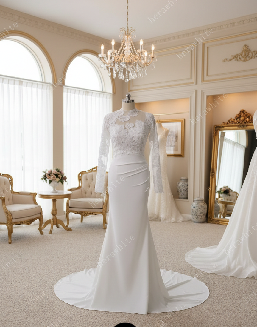 Lace Wedding Dress Beaded Sheer Bodice Bridal Gown with Crepe Skirt