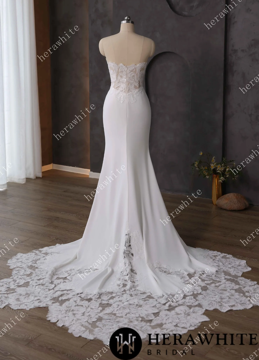Lace Wedding Dress Beaded Sheer Bodice Bridal Gown with Crep 2 / Same As Photo Lace Wedding Dress Beaded Sheer Bodice Bridal Gown with Crep 2 / Same As Photo
