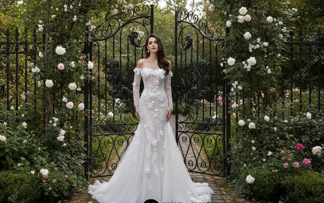 Tulle Wedding Dress Off-the-Shoulder 3D Lace Fit Flare Bridal Gown, Picture yourself walking down the aisle in this absolutely stunning fit-and-flare creation