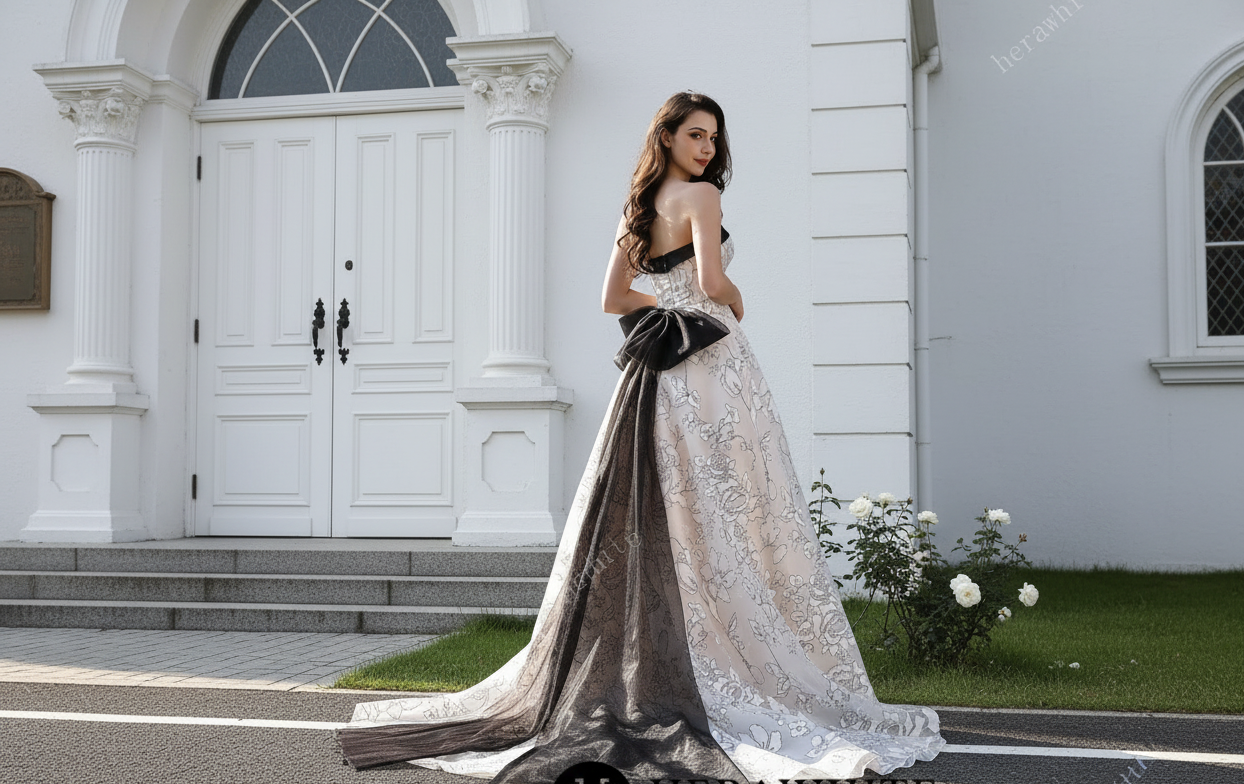 Organza Wedding Dress Black Ivory Bridal Gown Back Detachable Bow, Make a striking entrance in this modern masterpiece 