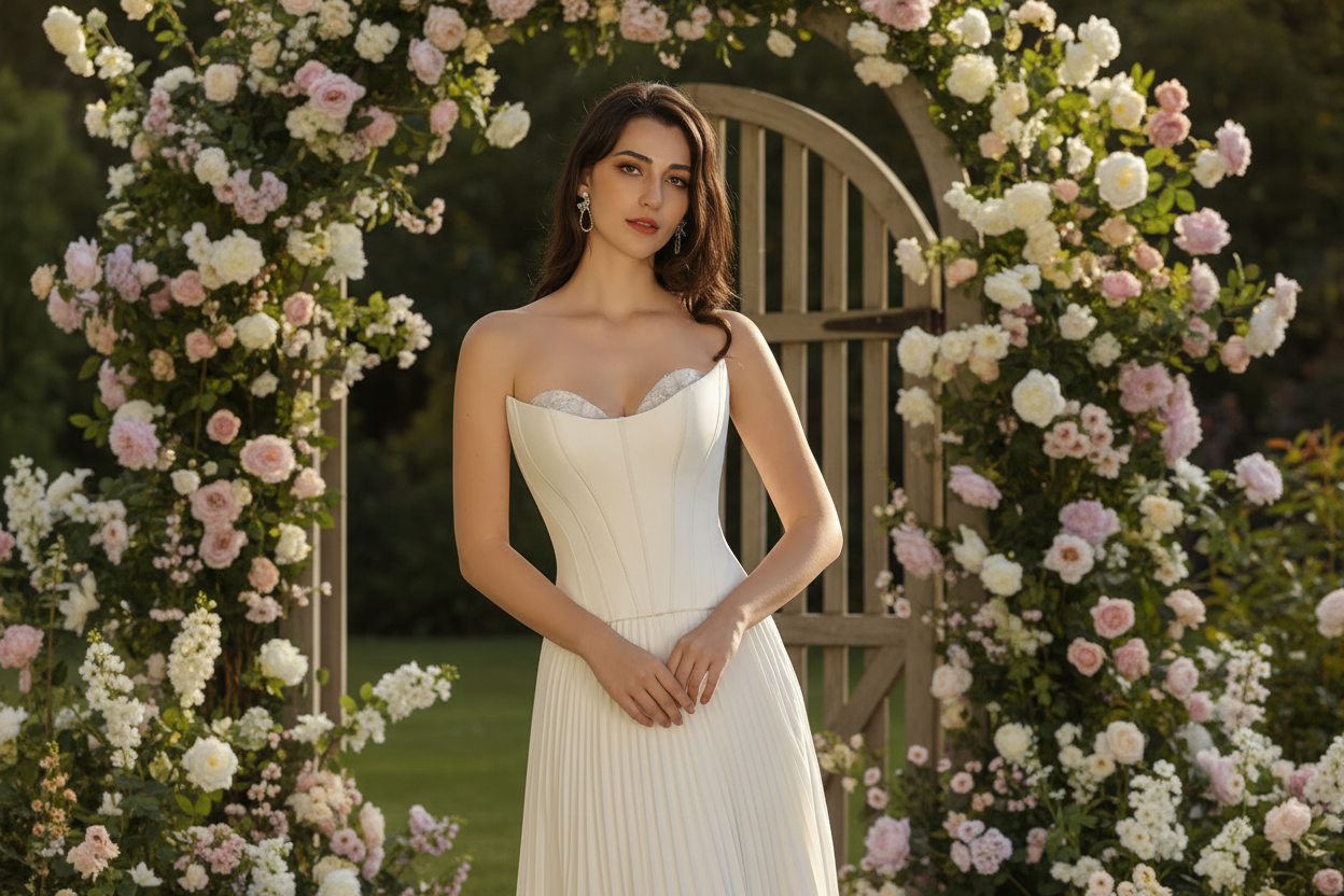 Satin Crepe Wedding Dress Pleated Skirt Bridal Gown Removable Corset, channel the elegance of luxury bridal couture with this statement gown