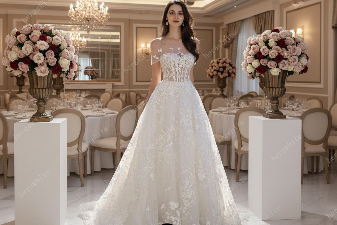 Glitter Tulle Wedding Dress Sheer Floral Lace A-Line Bridal Gown, the most romantic and glamorous dress for you to feel unique and priceless.