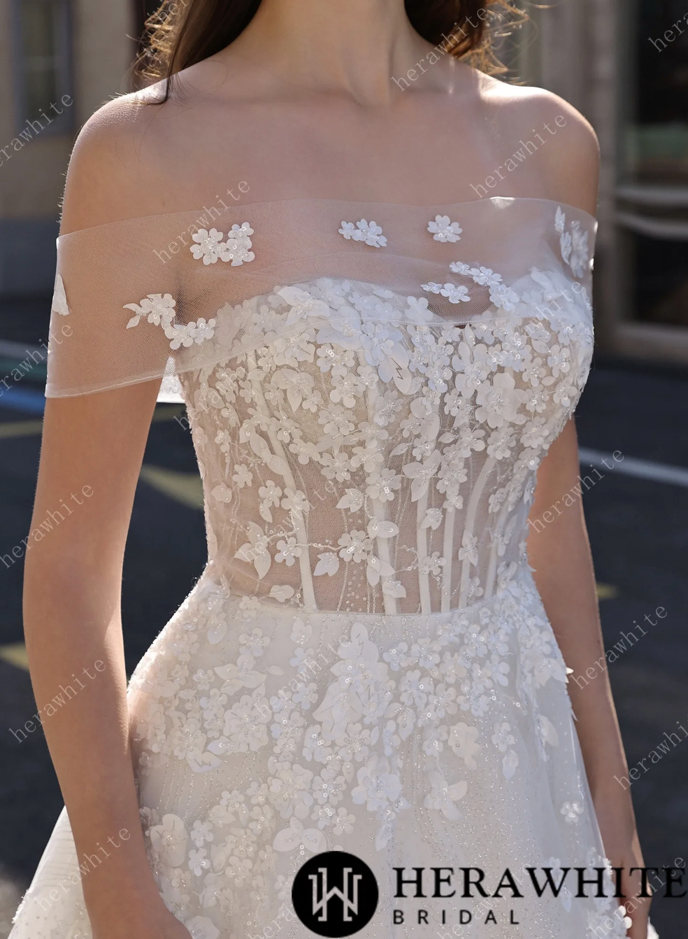 glitter floral and tulle layered wedding dress As Is Beaded Lace 3D Floral Tulle Wedding Dress