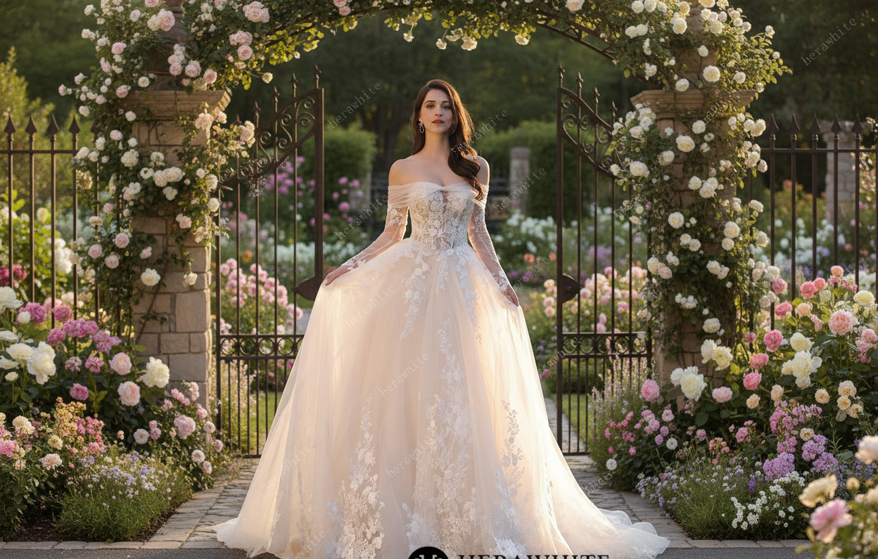 Tulle Lace A Line Wedding Dress Detachable Long Sleeves Bridal Gown, step into timeless romance with this champagne-hued bridal ball gown