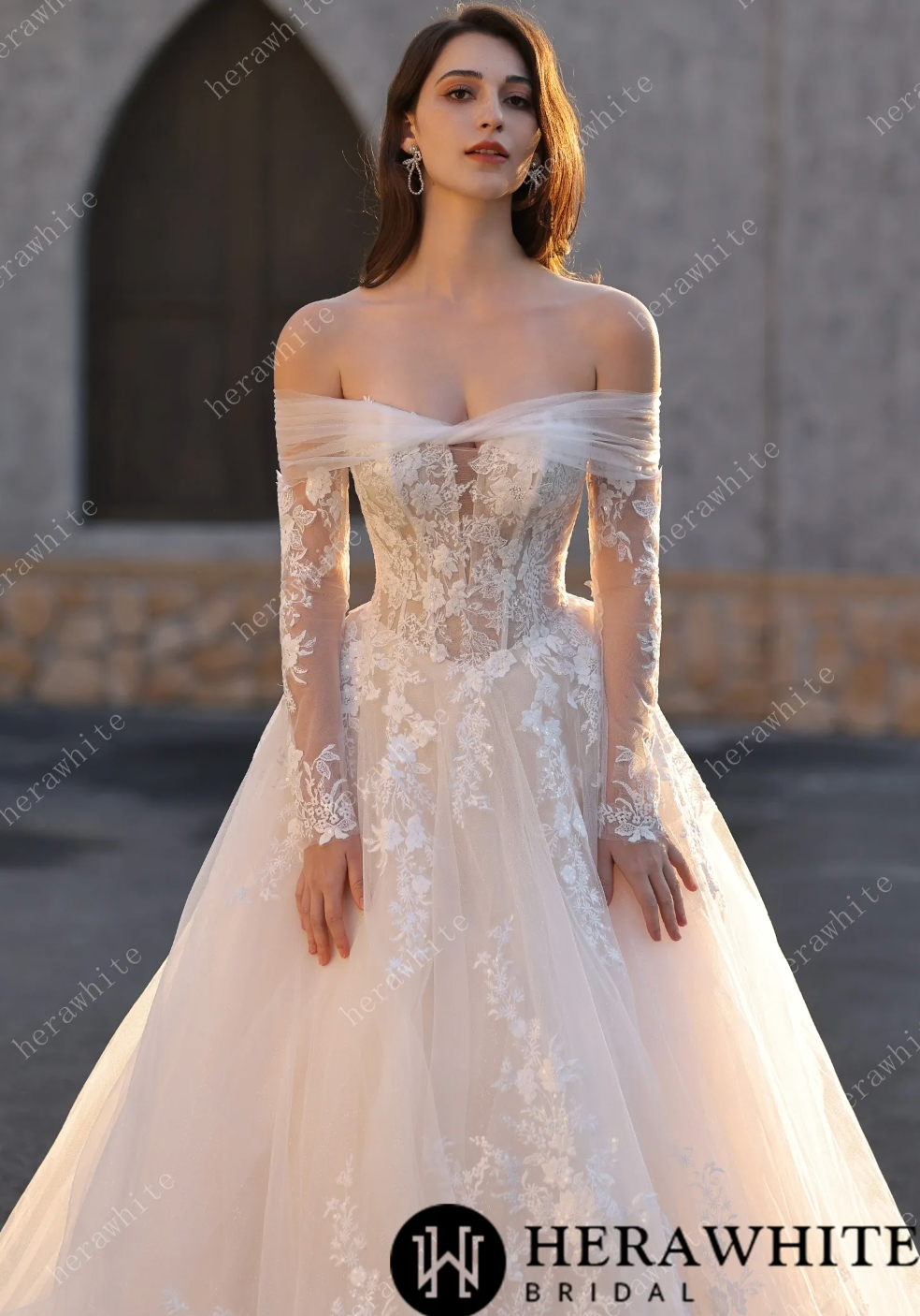 Tulle Lace A Line Wedding Dress Detachable Long Sleeves Bridal Gown, step into timeless romance with this champagne-hued bridal ball gown