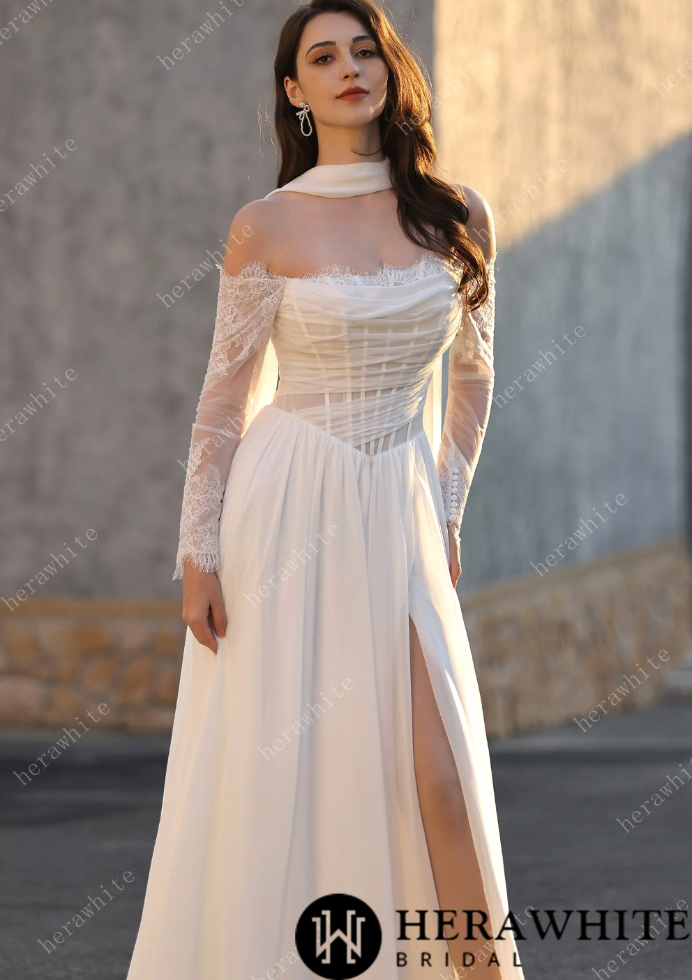 Chiffon Wedding Dress Long Sleeve Chantilly Lace Bridal Gown, this captivating gown blends soft femininity with sleek edge: