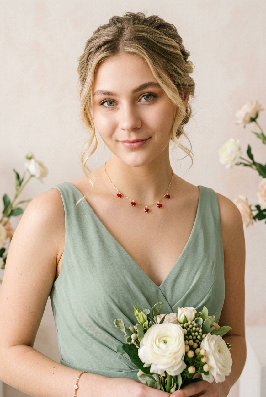 Ruby red crystal heart necklace with delicate heart charms