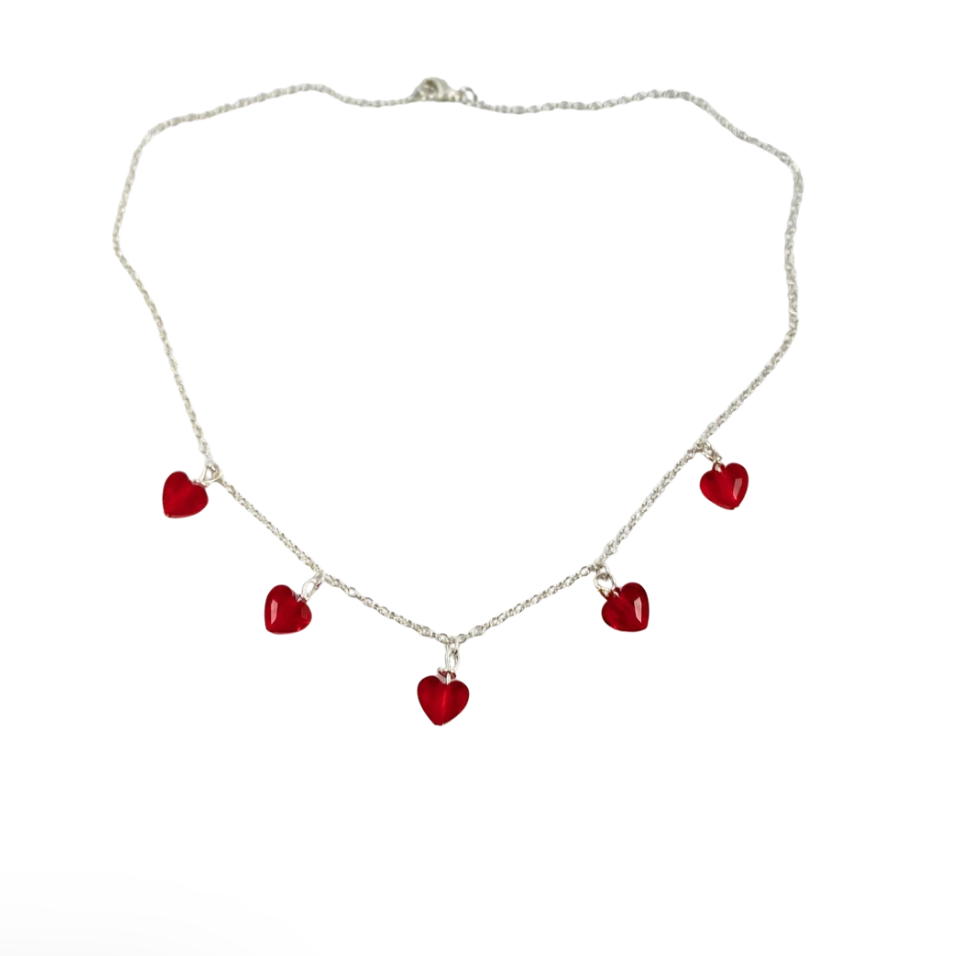 Ruby red crystal heart necklace with delicate heart charms