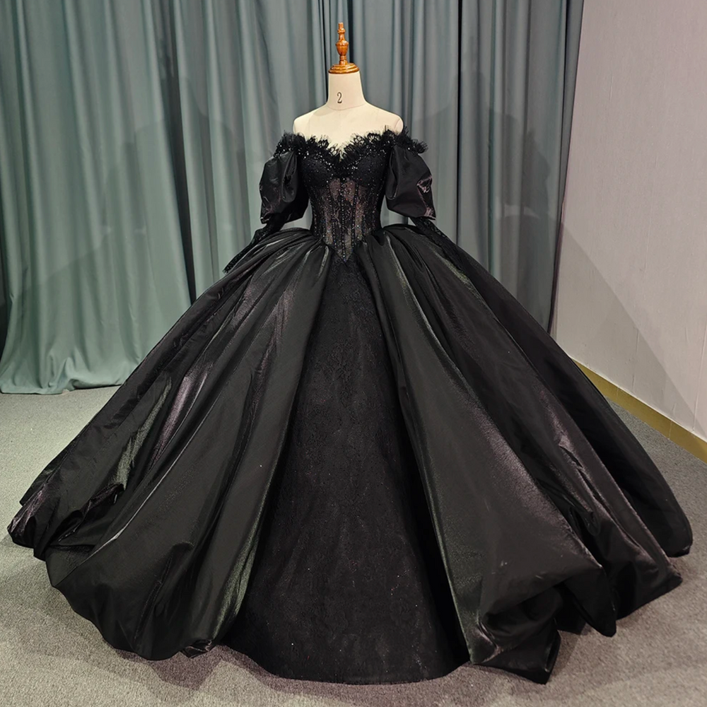 Quinceanera Dress Black Long Sleeves Ball Gown  Tulle Lux Bridal Company