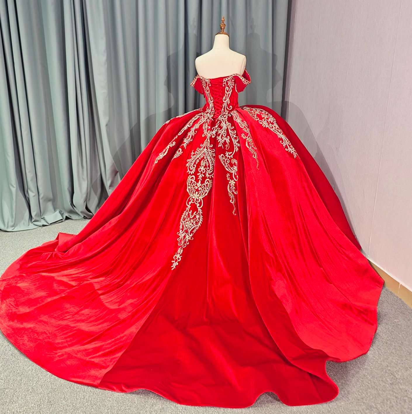 Quinceanera Dress Red Ball Gown With Train Lace Up Back, Indulge in this stunning red ball gown adorned with intricate gold lace, evoking a sense of regal sophistication