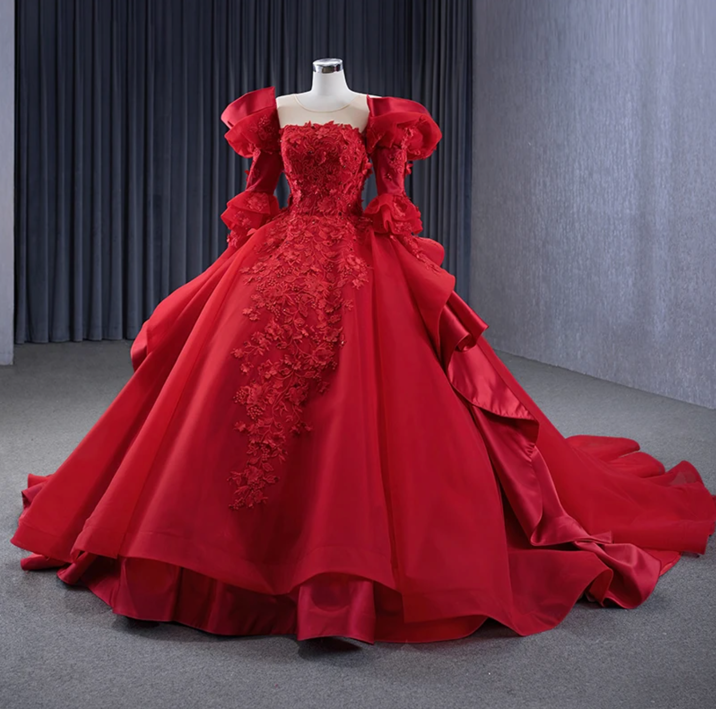 red quinceanera dresses long sleeve Crystal Long Sleeve Red Quince Dresses Off Shoulder Pearls Wedding Dress US4 / Same as Picture
