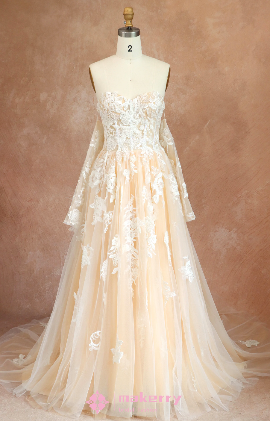 Wedding Dress Floral with Sheer Long Sleeves A Line Gown