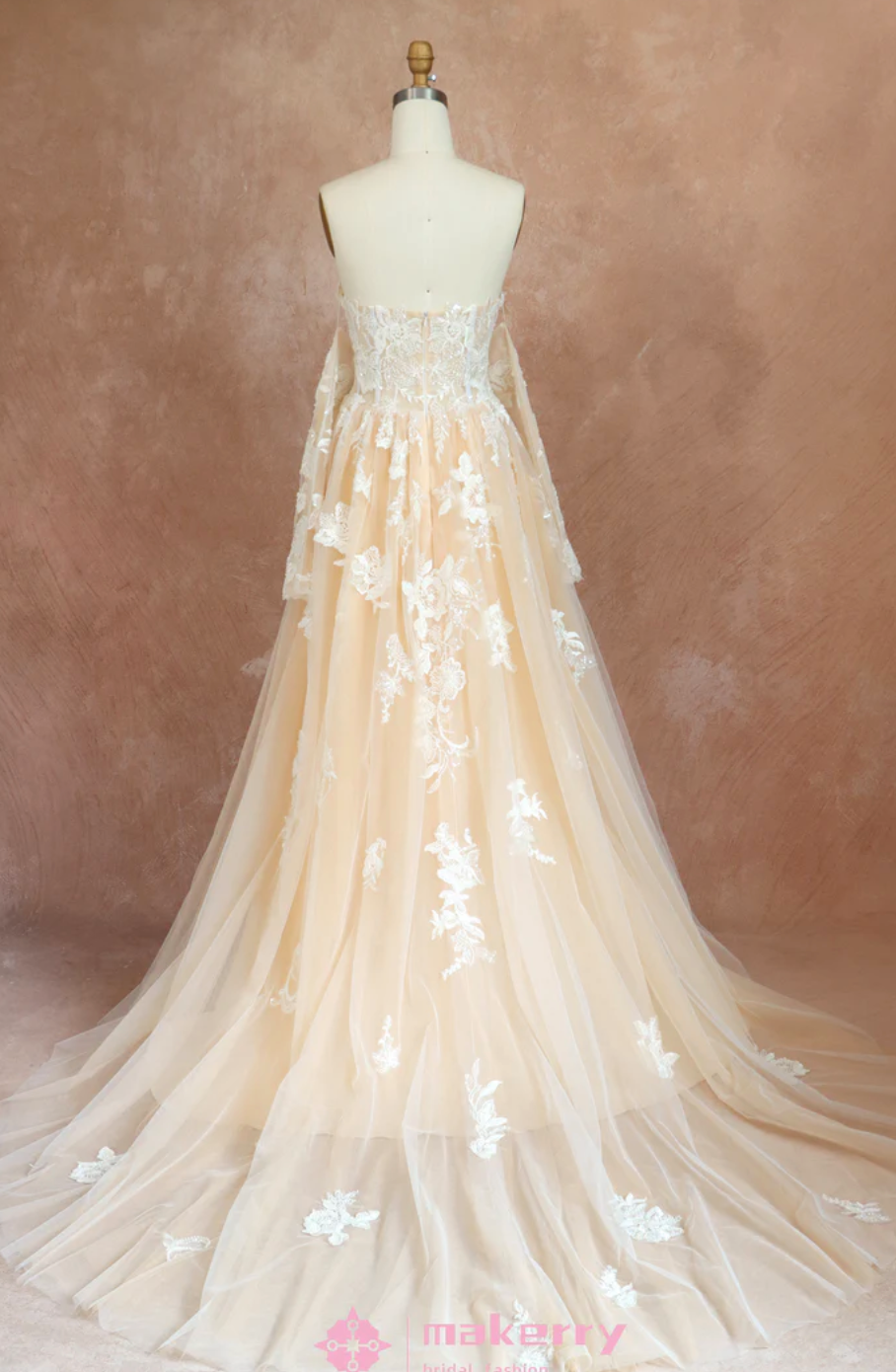 Wedding Dress Floral with Sheer Long Sleeves A Line Gown