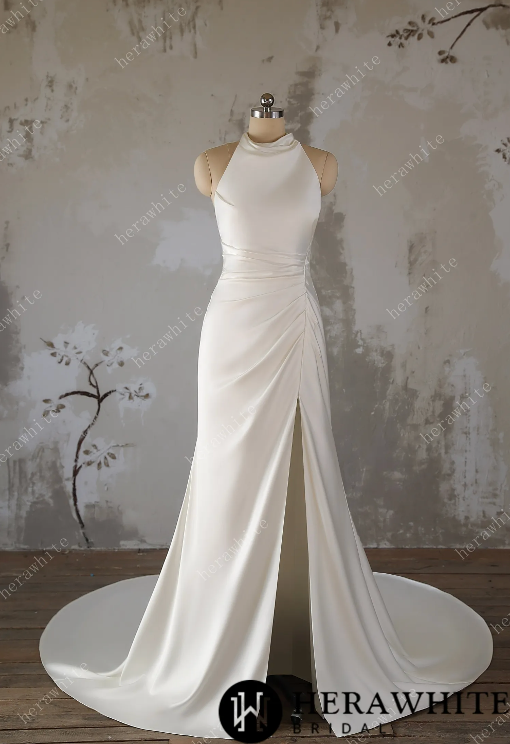 Wedding Dress High Neck Satin Bridal Gown with Train, this elegant wedding dress boasts a sleek high-neck design, w