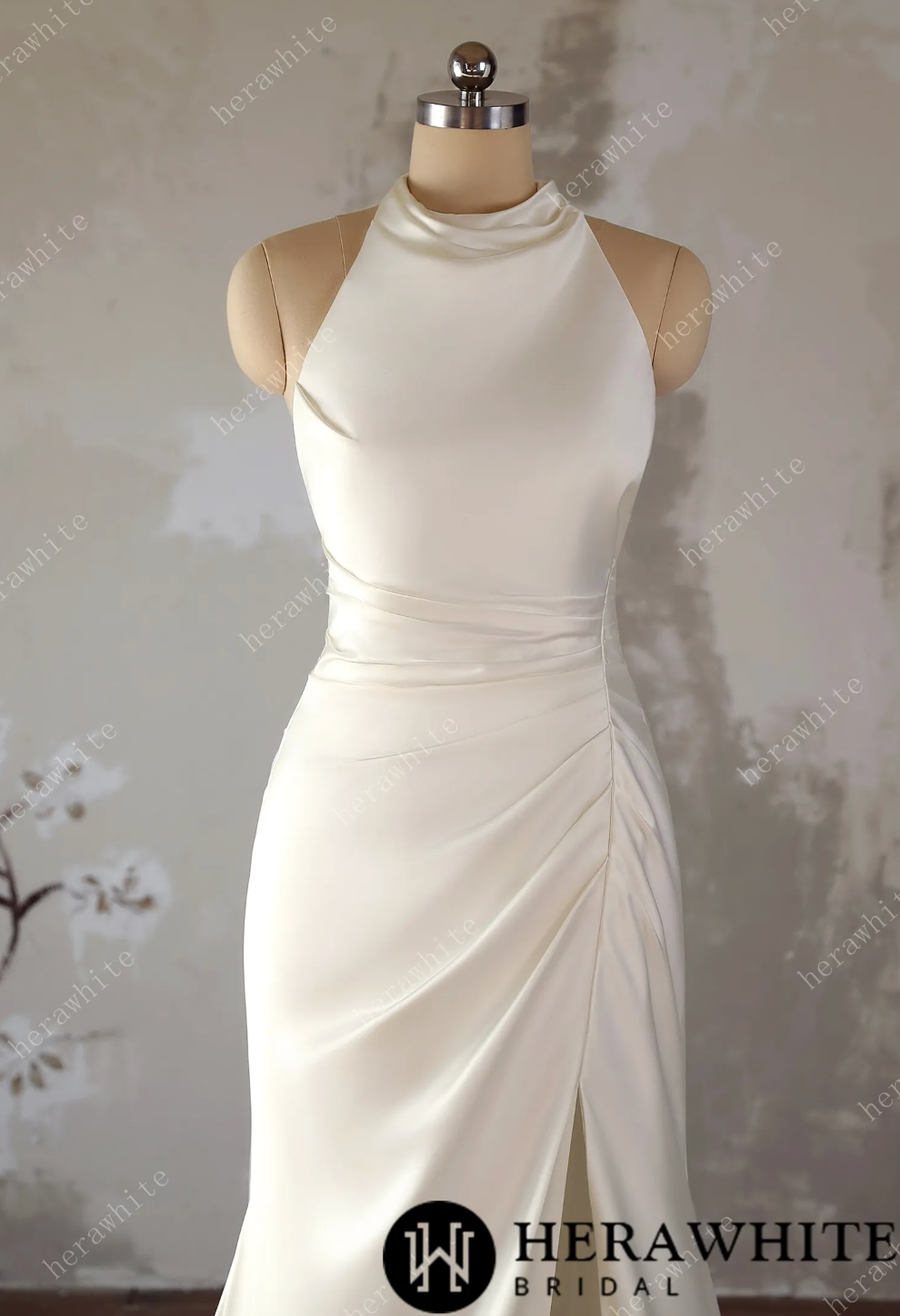 Wedding Dress High Neck Satin Bridal Gown with Train, this elegant wedding dress boasts a sleek high-neck design, w