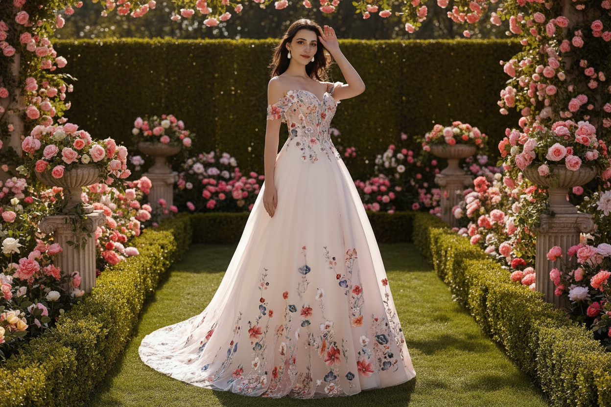 Lace Wedding Dress With Off-Shoulder Sleeves Blush Pink Bridal Gown, This enchanting bridal gown combines romance with a burst of color 