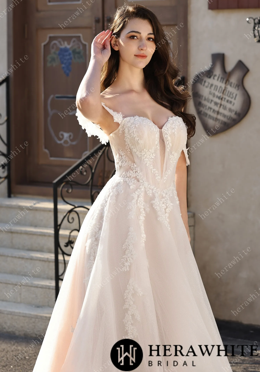 Glitter Tulle Wedding Dress Off-the-Shoulder Sheer Lace Bridal Gown, radiate romance with a modern twist in this captivating bridal gown