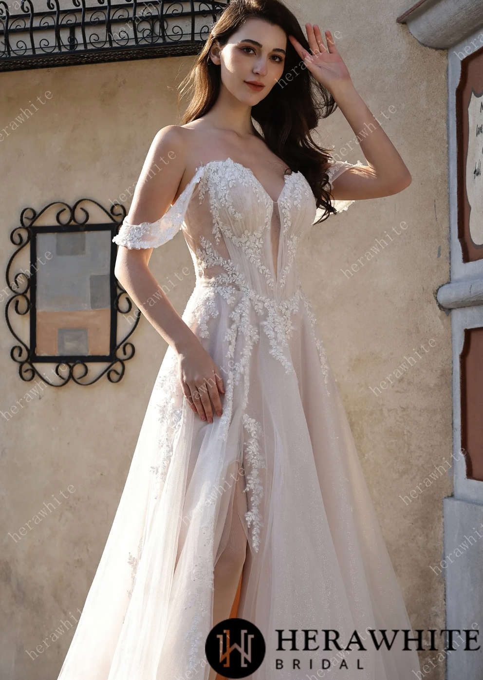 Glitter Tulle Wedding Dress Off-the-Shoulder Sheer Lace 16 / Same As Photo