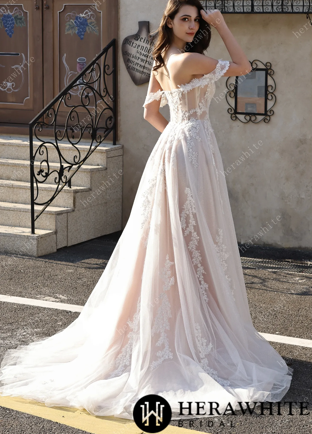 sheer lace and tulle ball gown wedding dress Corset Bodice Strapless Wedding Dress JB05361