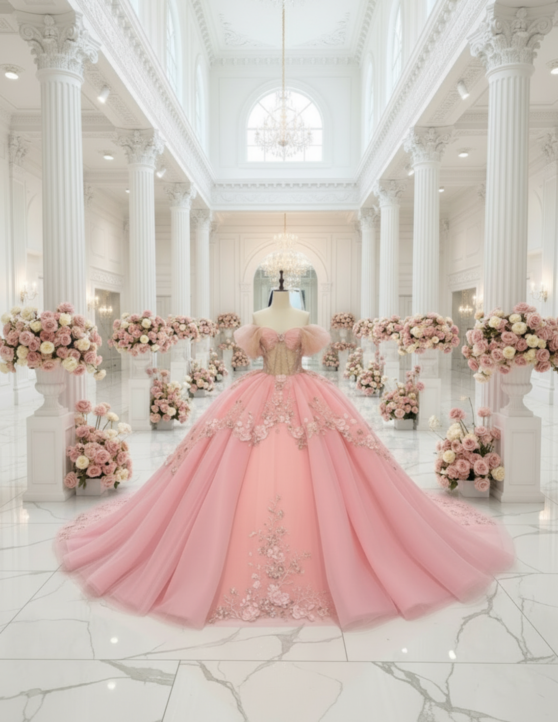 Pink Quinceanera Dress Off The Shoulder Floral Organza Ball Gown