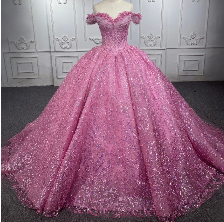 Quinceanera Dress Pink Organza A Line Ball Gown, Resplendent in pink sequins, this party ball gown is designed to captivate with its sweetheart neckline