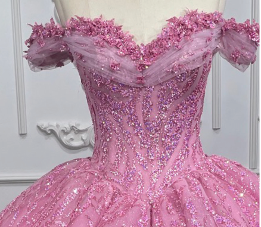 Quinceanera Dress Pink Organza A Line Ball Gown, Resplendent in pink sequins, this party ball gown is designed to captivate with its sweetheart neckline