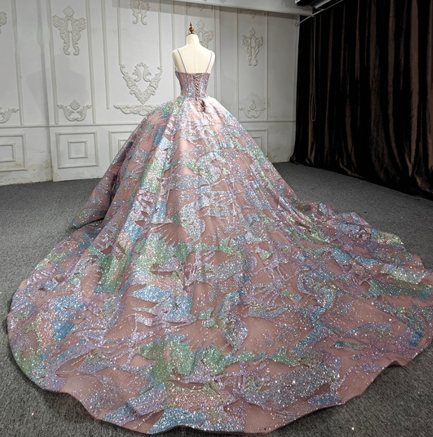 Quinceanera Dress Multi Pink Lace Up Back Ball Gown, An exquisite A-line ball gown in vivid multicolor hues, with an intricate faux pearl corset-style bodice