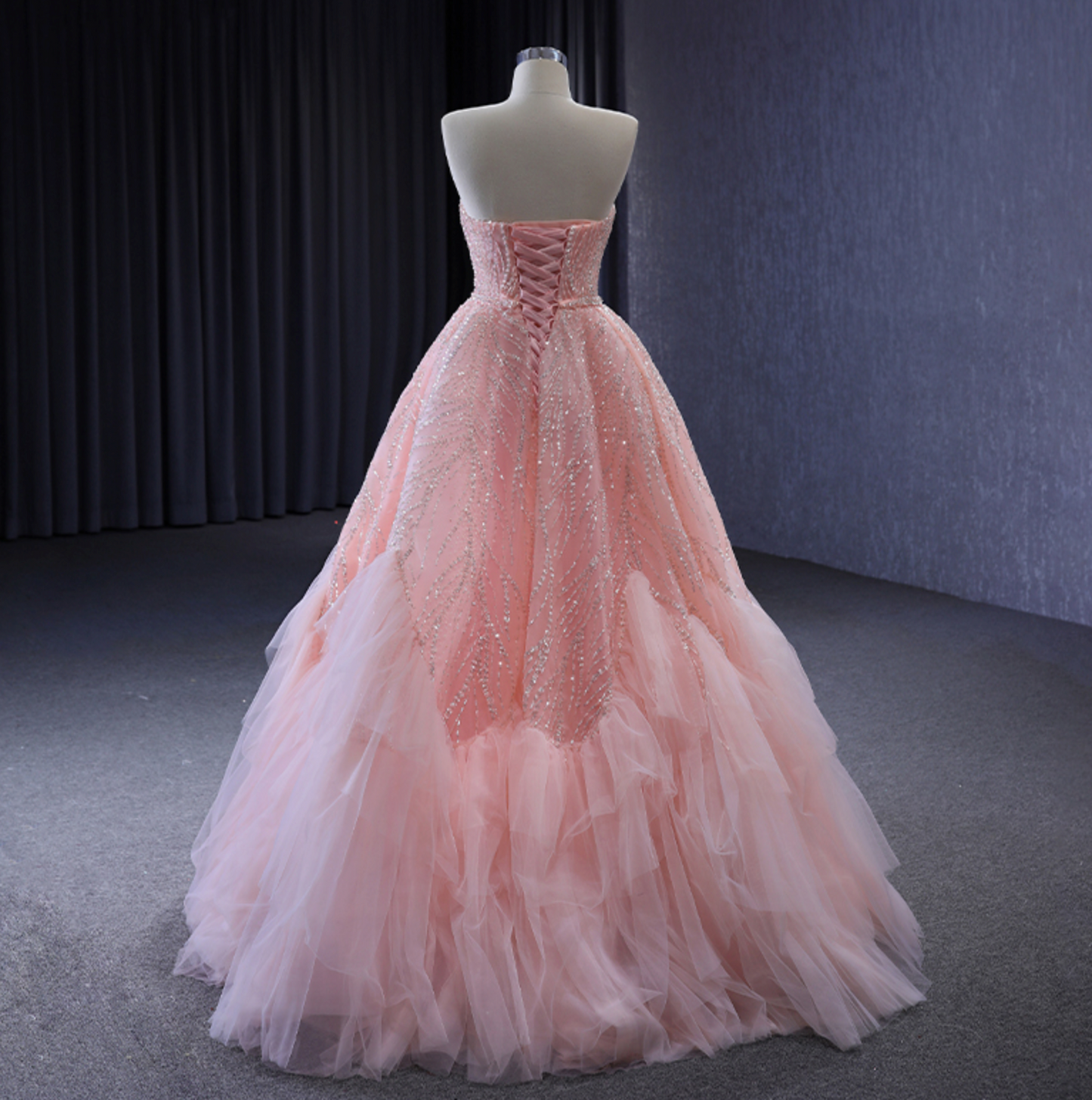 Quinceanera Dress Pink Sequined Organza Ball Gown, A luxurious pink organza garment, boasting a beaded sequined organza overlay with a sleeveless sweetheart bodice 