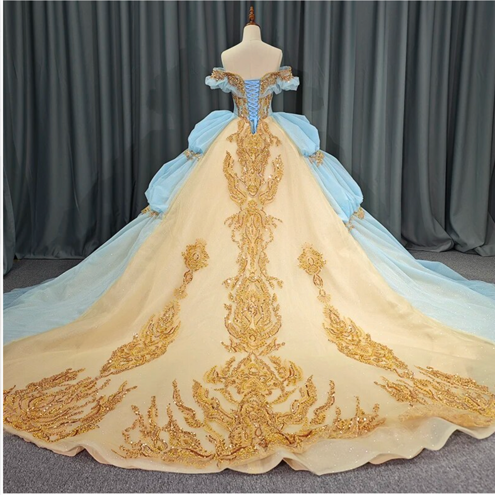 light blue and gold wedding dress Light Blue Bridal Dress,Princess Wedding Dresses,Classic Bridal Dress,Backless Bridal Dress,WD00233, US24W / Pink main image 0