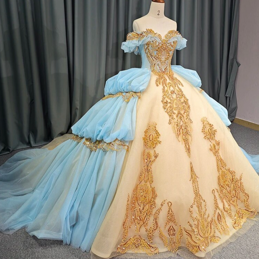 Quinceanera Dress Blue Gold Organza Ball Gown With Train  Tulle Lux Bridal  Company