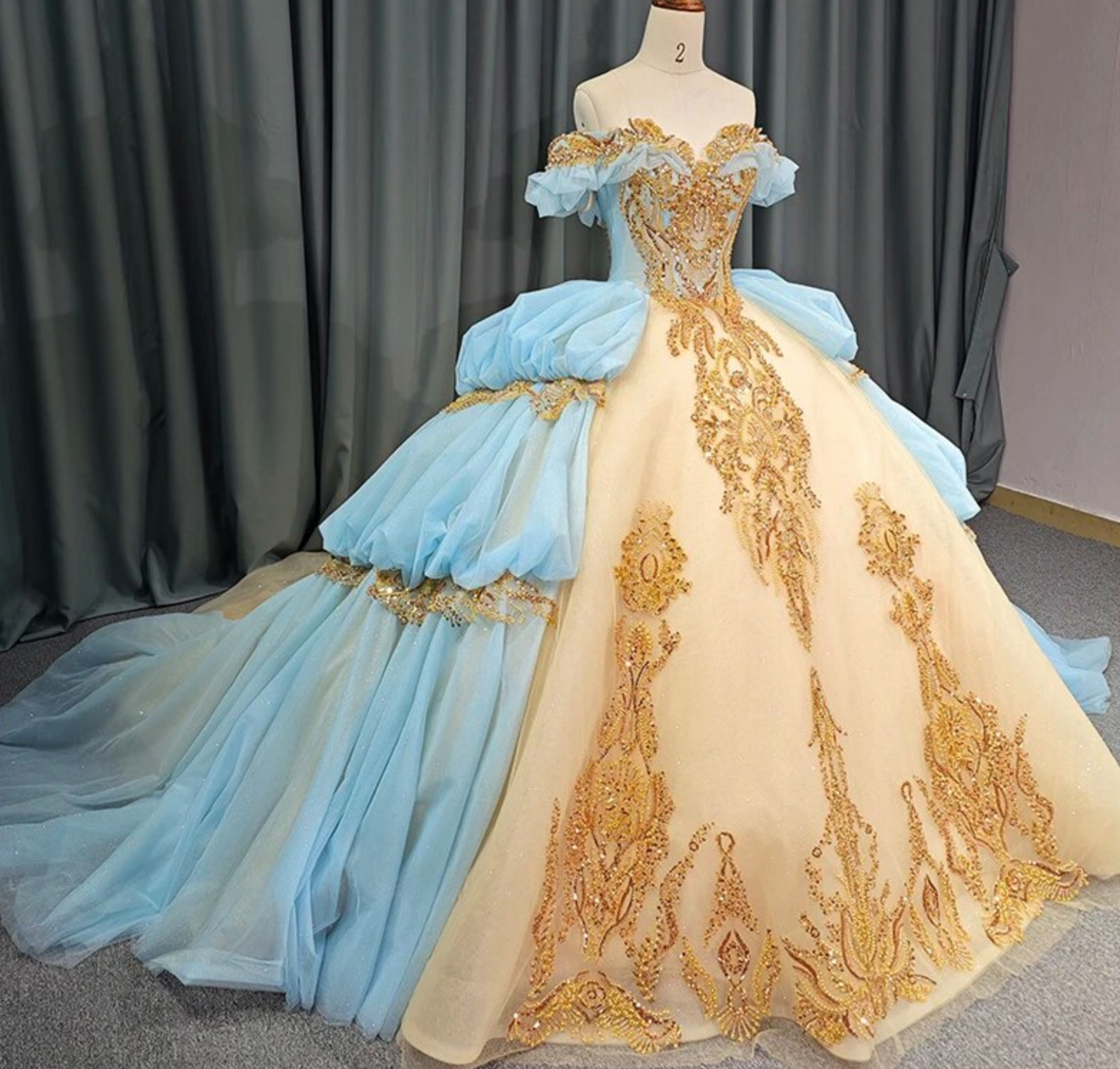 Quinceanera Dress Blue Gold Organza Ball Gown With Train Tulle Lux Bridal Company Quinceanera Dress Blue Gold Organza Ball Gown With Train Tulle Lux Bridal Company