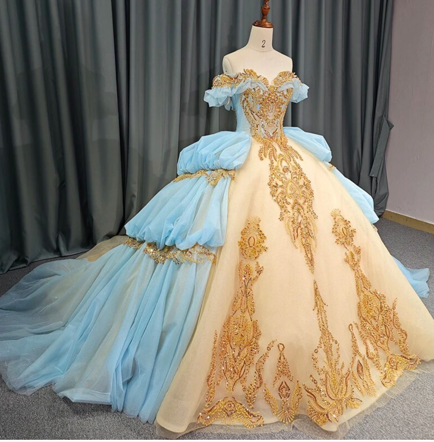 Quinceanera Dress Blue Gold Organza Ball Gown With Train Tulle Lux Bridal Company Quinceanera Dress Blue Gold Organza Ball Gown With Train Tulle Lux Bridal Company