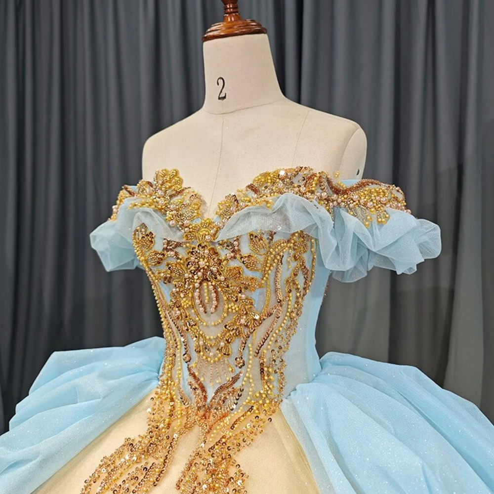 Quinceanera Dress Blue Gold Organza Ball Gown With Train – Tulle Lux Bridal Company