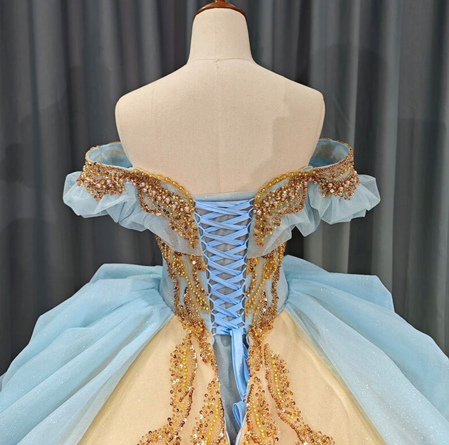 Quinceanera Dress Blue Gold Organza Ball Gown With Train Tulle Lux Bridal Company Quinceanera Dress Blue Gold Organza Ball Gown With Train Tulle Lux Bridal Company