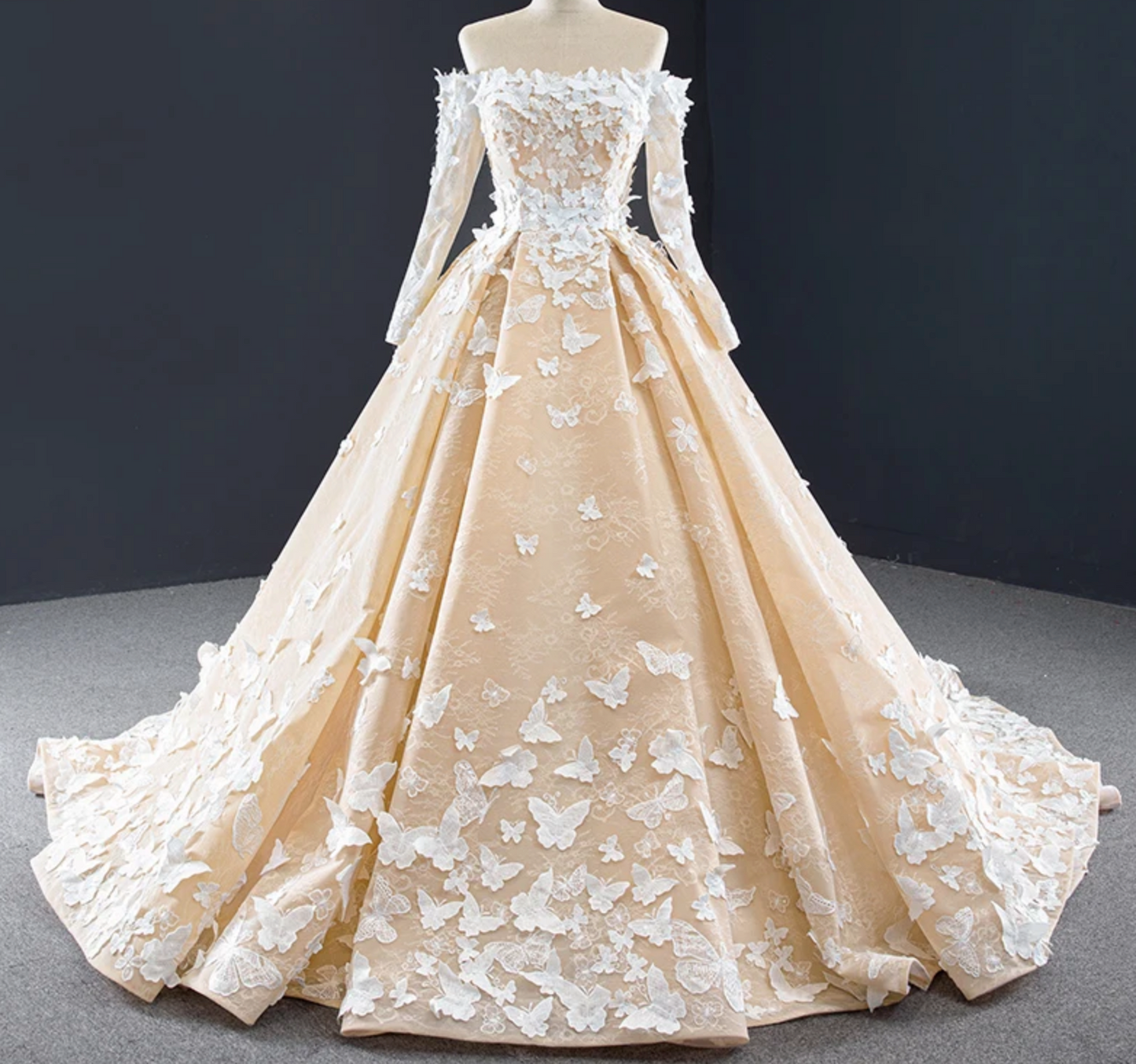 Quinceanera Dress #D Butterfly LaceLace Up Back With Train, Experience the enchanting romance of our Romantic Butterfly Quinceanera Dress