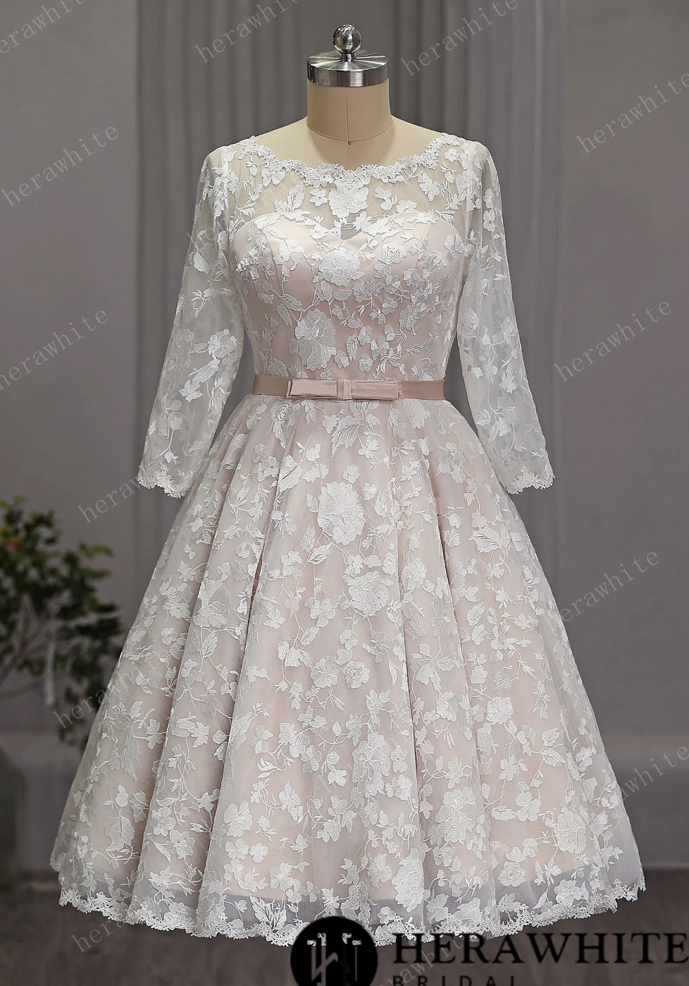Mini Short Wedding Dress Tea Length Lace Sleeves,  Indulge in the timeless charm of House of Mooshki's vintage inspired 1950’s tea length blush wedding dress. 