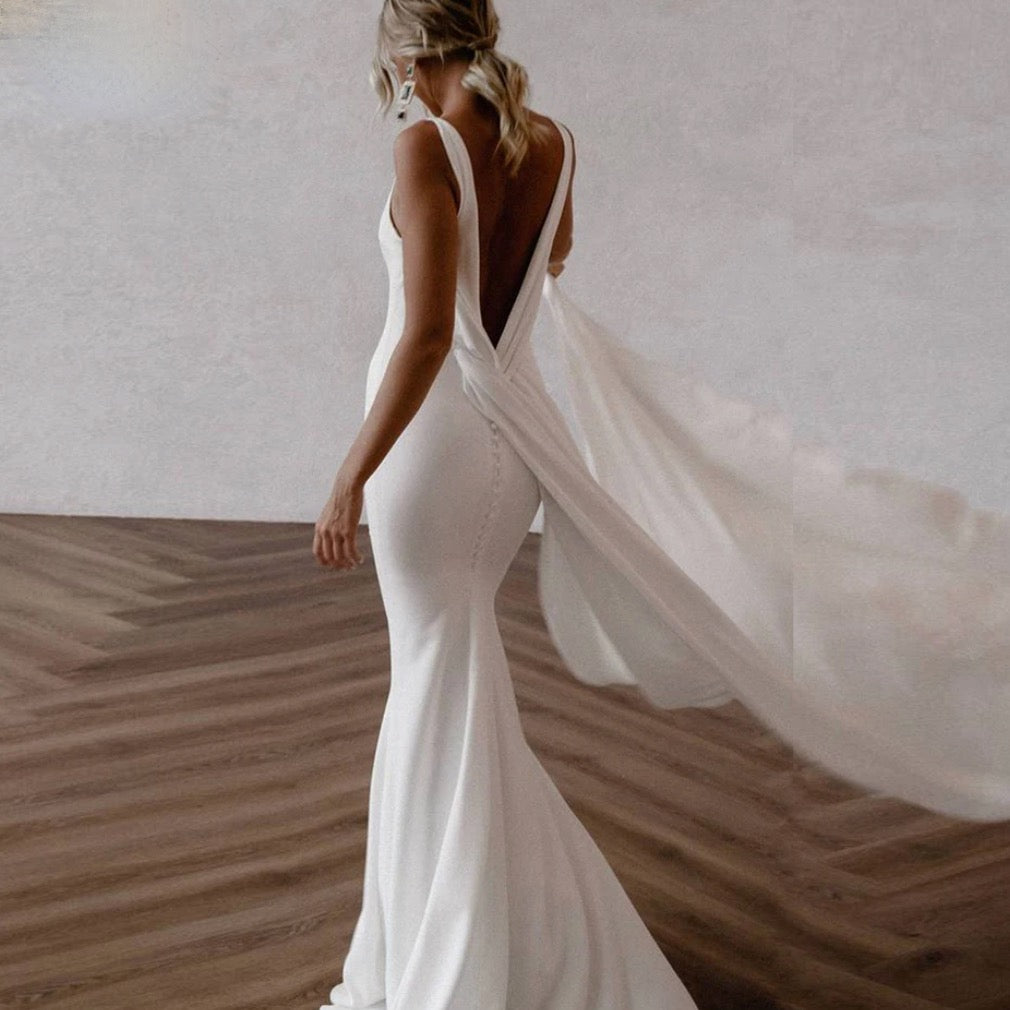 Boho Wedding Dress Crepe Detachable Train Mermaid Bridal Gown, Unleash your inner elegance with this exquisite crepe mermaid wedding dress