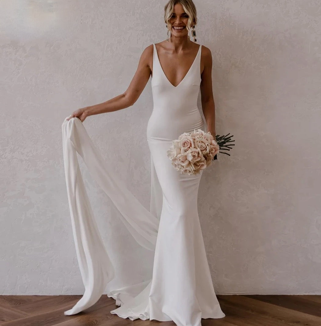 Boho Wedding Dress Crepe Detachable Train Mermaid Bridal Gown, Unleash your inner elegance with this exquisite crepe mermaid wedding dress