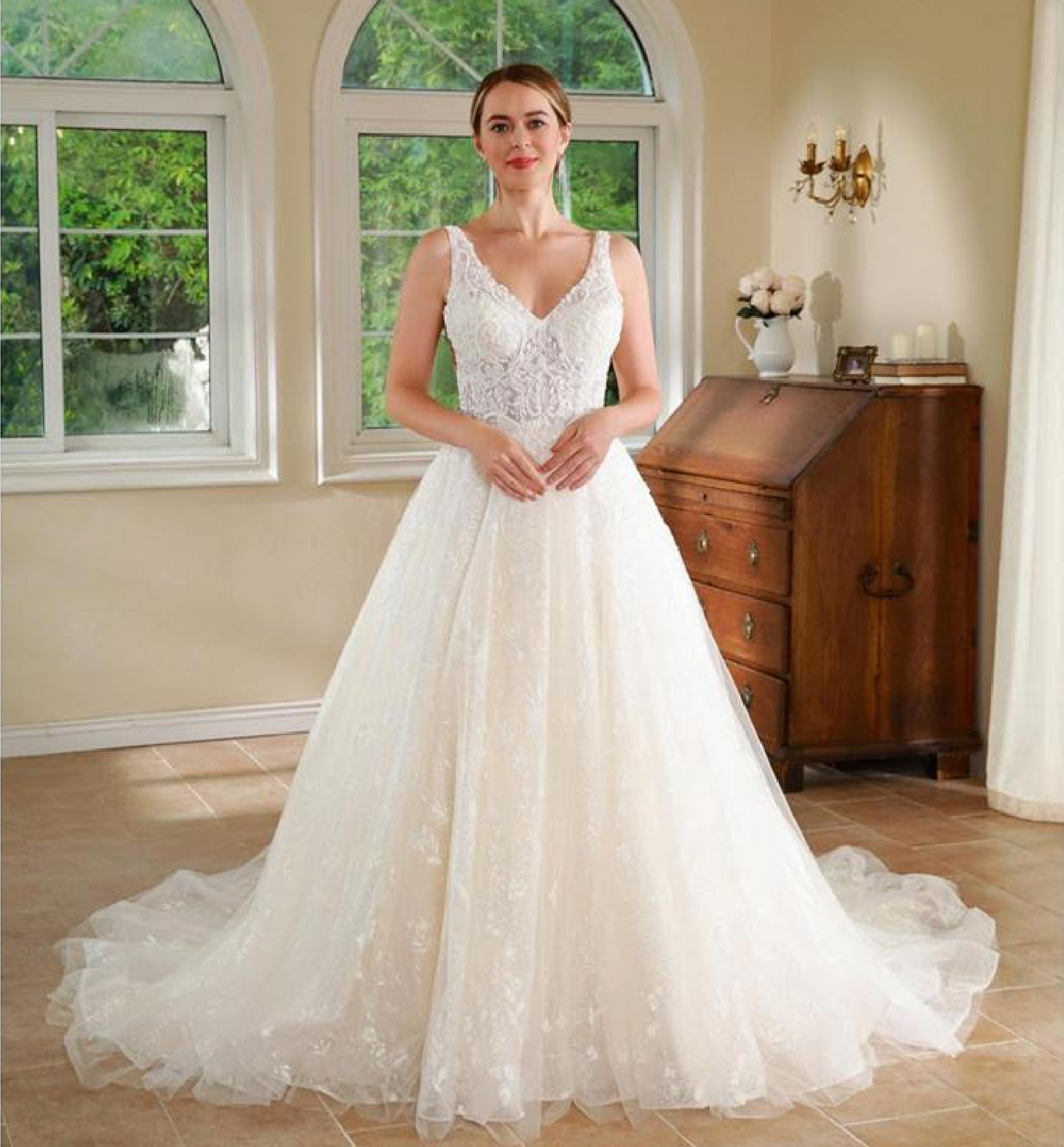 Vestido de novia sin mangas de encaje de tul 