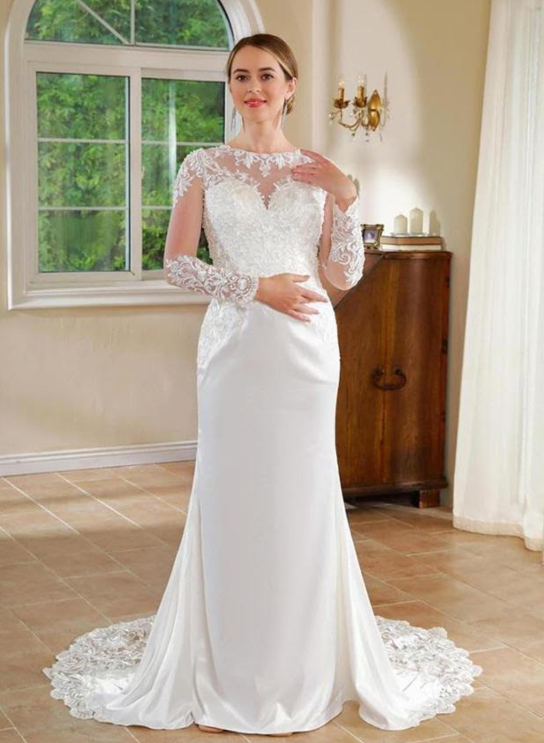 Vestido de novia esbelto de manga larga con encaje de ilusión 