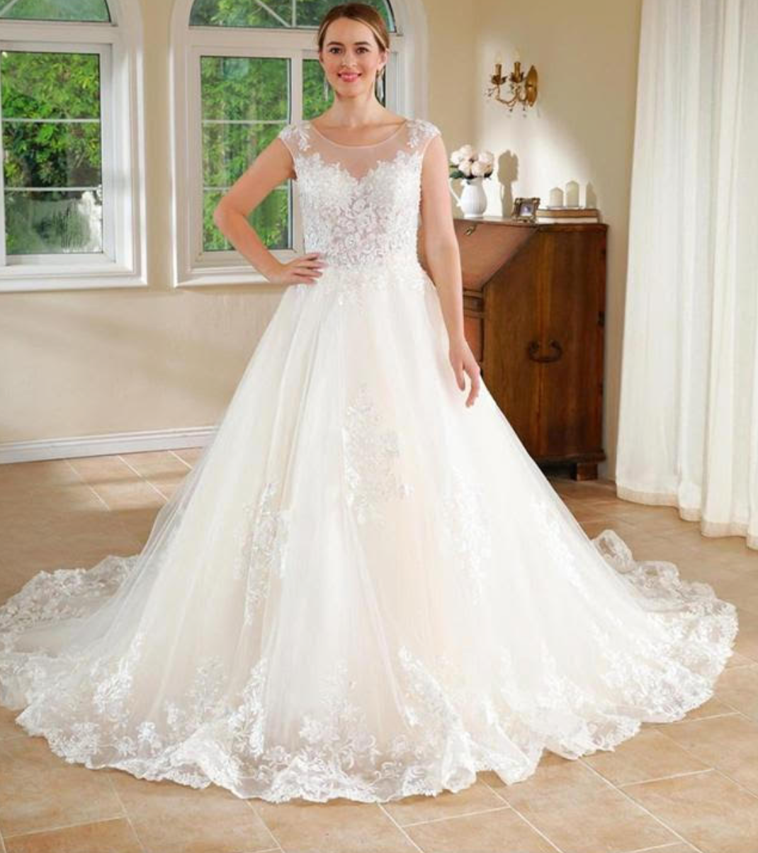 Vestido de novia sin mangas de corte A con adornos de encaje